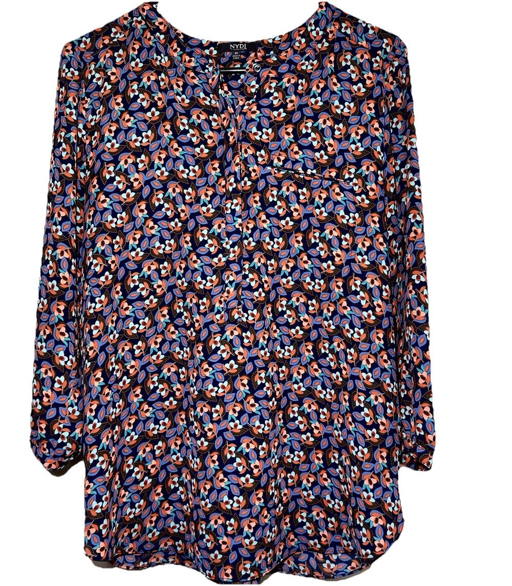 NYDJ Floral Blouse Womens Medium Blue Coral Boho Split Neck 3/4 Sleeve Career